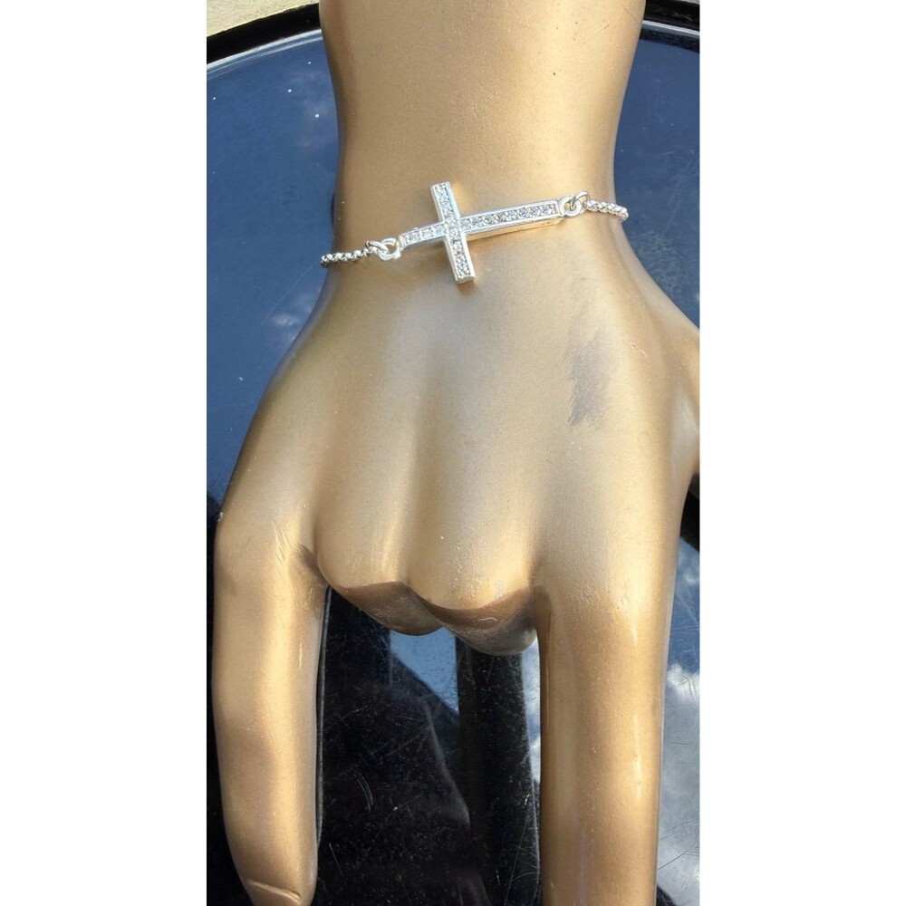 925 Sterling Silver Sideways Cross Bracelet CZ Adjustable Chain New